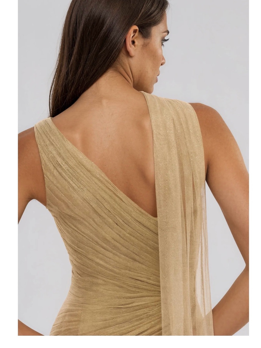 Innovare Karimah Draper Scarf Maxi Dress. One-Shoulder Gold Evening Gown - Picture 4 of 7